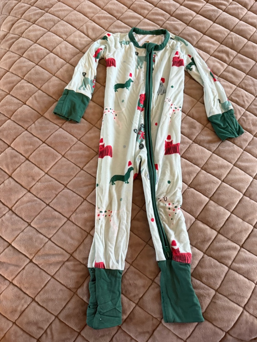 Kiki & Lulu Cozy Green Holiday Christmas Dog Print Kids Romper